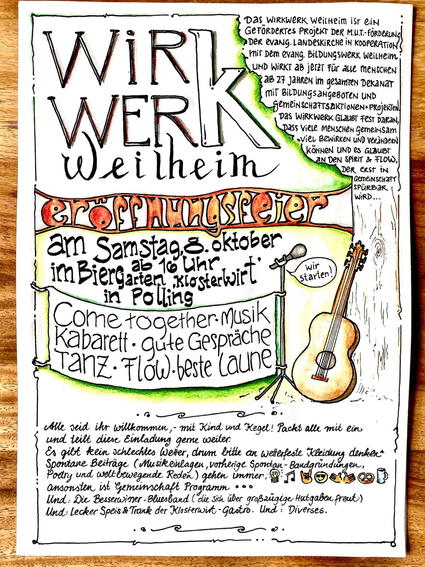 Einladungsflyer zur Eröffnungsfeier des WirkWerkWeilheims am 08.10.2022, 16 Uhr im Klosterwirt, Polling